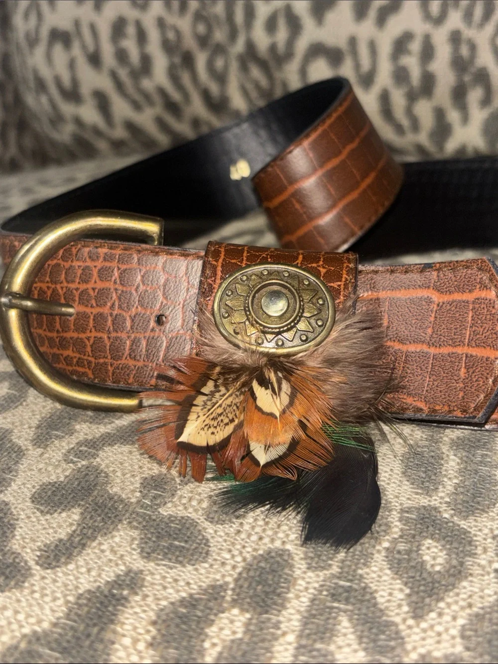 Croc embossed peacock feather faux leather belt brass tone buckle concho belt 30